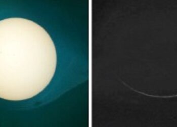 Gerhana Matahari separa yang menunjukkan bulan bergerak memintas matahari ke arah Timur menandakan proses pembentukan anak bulan (gambar kanan) .