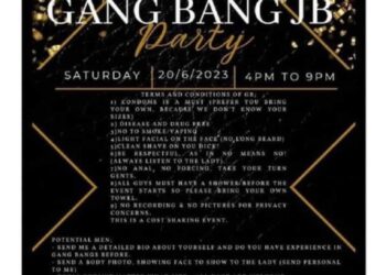 POSTER ‘Gang Bang JB Party’ yang tular mengajak orang ramai menyertai seks bebas yang dijadual diadakan di Johor Bahru pada 20 Jun depan.