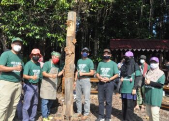 Mohd Ilham Adenan (empat kanan) dan tetamu melihat ukiran kayu hasil tangan Adiguru Kraf Muhaimin Hasbollah sempena Sambutan Hari Hutan Sedunia peringkat UiTM Cawangan Pahang Jengka baru-baru ini.