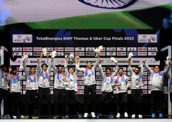 PEMAIN India meraikan kejayaan muncul juara Piala Thomas selepas menumpaskan Indonesia 3-0 di Impact Arena, Bangkok hari ini. - AFP