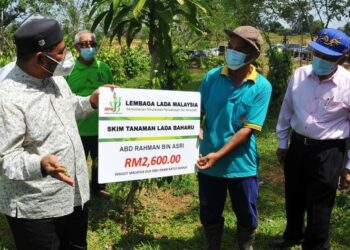 MOHD. Khairuddin Aman Razali (kiri) menyampaikan replika sumbangan bernilai RM2,600 kepada Abd. Rahman Asri untuk Skim Tanaman Lada Baharu dari Lembaga Lada Malaysia sempena melawat Projek Rintis Ladang Lada di Felda Inas, Kulai, Johor. - UTUSAN/RAJA JAAFAR ALI