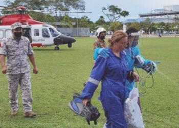 KRISTEN Grodem yang hilang di Pulau Tokong Sanggol, Mersing, ditemui selamat dan tiba di Stadium Mersing kira-kira 12.05 tengah hari semalam menaiki helikopter dari Unit Udara APMM sebelum dihantar ke Hospital Mersing bagi menerima rawatan lanjut. - FOTO/NOR BAIZURA BASRI