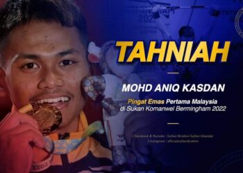 SULTAN Johor turut menzahirkan ucapan syabas atas kejayaan Mohd. Aniq memenangi pingat emas dalam acara angkat berat pada Sukan Komanwel.