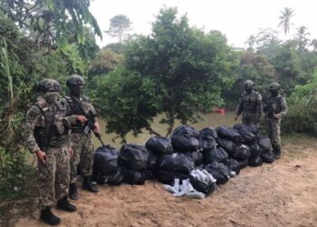 ANGGOTA ATM menunjukkan bungkusan daun ketum yang dirampas di tebing Sungai Golok di Kampung Nibong, Tanah Merah, Kelantan, semalam.