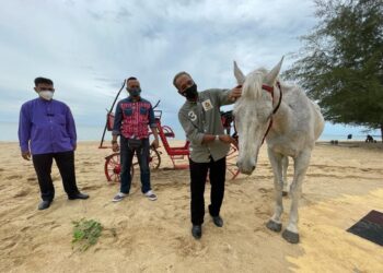 WAN Hassan membelai seekor kuda bernama Quad ketika meninjau perkembangan pelancongan di pusat peranginan Pantai Bisikan Bayu, Pasir Puteh, Kelantan, hari ini. - UTUSAN/TOREK SULONG