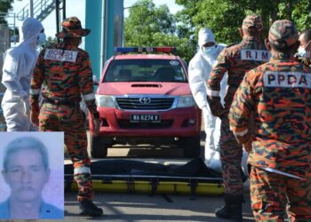  ANGGOTA bomba lengkap dengan pakaian perlindungan diri (PPE) membawa mayat Yap Fok Swe yang ditemukan terapung kira-kira 2.5 Kilometer dari Pangkalan Jeti Kampung Kuala Lukut Kecil, Port Dickson selepas dipercayai terjatuh ke dalam laut dari bot ketika memasang jaring semalam .- UTUSAN/ZAKKINA WATI AHMAD TARMIZI