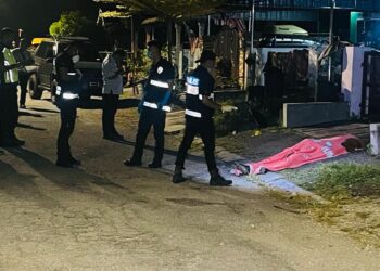 ANGGOTA polis melakukan pemeriksaan di lokasi seorang lelaki maut dipercayai mangsa langgar lari di hadapan sebuah rumah di Taman Klebang Putra, Chemor di Ipoh semalam. - UTUSAN