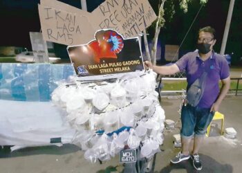 SHAHIRUL ASRIQ Azman menjual ikan laga menggunakan motosikal di hadapan sebuah pasar raya di Klebang, Melaka. - UTUSAN/AMRAN MULUP