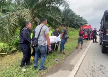 ANGGOTA polis mengangkat mayat Wan Nawang Wan Abdullah yang maut dalam kemalangan di  Kilometer 157, Jalan Jerangau-Jabor, berhampiran Plaza Tol Cheneh, Kemaman, hari ini. - UTUSAN/NIK NUR IZZATUL HAZWANI NIK ADNAN