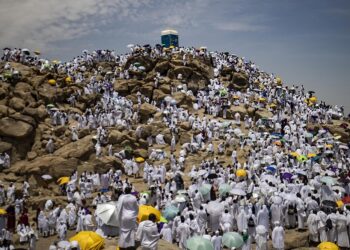 Jemaah haji berkumpul di Jabal al-Rahmah menjelang hari wukuh di Arafah kelmarin. – AFP