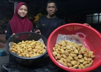 SABRI Idris dan anak saudaranya, Nur Shahtini Soffeya Zamri menunjukkan kuih nekbat dihasilkan mereka di Kampung Sena Rendang, Marang, Terengganu. – UTUSAN/NOOR HAYATI MAMAT