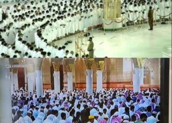 PEMANDANGAN solat fardu berjemaah di Masjidil Haram dan Masjid Nabawi yang kembali dirapatkan saf tanpa ada lagi jarak. – Foto media sosial