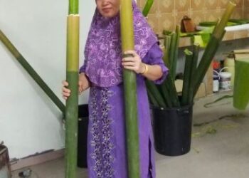 NOR Hazizah Abdul Rani menunjukkan lemang buluh panjang yang dijualnya di Felda Serting Hilir 7, Jempol.