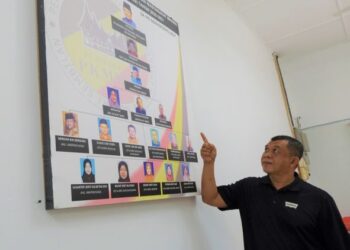 SYAHRIAL Tarmizi menunjukkan carta organisasi PKMMNS di pejabat pertubuhan tersebut yang terletak di Taman Dato Shahbandar, Ampangan, Seremban, baru-baru ini. - UTUSAN/BADRUL HAFIZAN MAT ISA