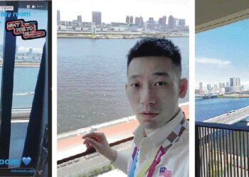 PANDELELA Rinong, Chan Peng Soon dan Nur Suryani Taibi berkongsi pemandangan dari bilik penginapan mereka di Perkampungan Olimpik  di Harumi, Futo semalam.