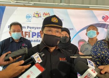 AHMAD Hamzah ketika ditemui pemberita selepas program penyerahan sumbangan bakul makanan kepada nelayan di Parlimen Masjid Tanah di Kuala Sungai Baru, Melaka. - UTUSAN/DIYANATUL ATIQAH ZAKARYA
