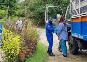 AIN Syakira Zainal Abidin (kanan) dibantu anggota APM  menaiki lori penyelamat untuk dibawa keluar ke Hospital Lipis di Kampung Beletik di Lipis, Pahang.