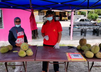 MOHD. Fariz Mokhtar berniaga durian sambil dibantu isterinya di Seberang Perak dekat Pasir Salak - PEMBERITA dan GAMBAR: AIN SAFRE BIDIN