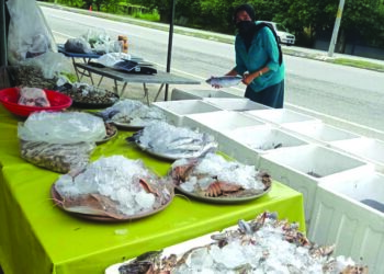 NORLAILA membuka gerai ikan di tepi jalan di hadapan butik pengantinnya di Peringat, Kota Bharu demi kelangsungan hidup. - UTUSAN/ROHANA MOHD. NAWI