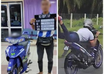 SEORANG daripada suspek yang ditahan setelah aksi menunggang motosikal secara berbahaya di Kilometer 149, Lebuhraya Pesisiran Pantai Barat (WCE) arah selatan tular di Facebook Ahad lalu. - IHSAN PDRM