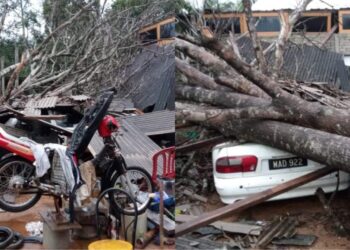 RUMAH dan kenderaan yang rosak ditimpa pokok dalam kejadian ribut yang berlaku di Felda Jelai, Gemas, Tampin, Negeri Sembilan, petang semalam.