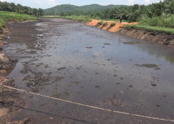 KEADAAN tebing satu daripada lapan kolam takungan sebuah kilang memproses sawit yang runtuh berikutan hujan lebat hingga menyebabkan pencemaran sungai di Ulu Keratong di Rompin, Pahang. - UTUSAN/ DIANA SURYA ABD WAHAB