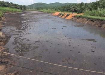 KEADAAN tebing satu daripada lapan kolam takungan sebuah kilang memproses sawit yang runtuh berikutan hujan lebat hingga menyebabkan pencemaran sungai di Ulu Keratong di Rompin, Pahang. - UTUSAN/ DIANA SURYA ABD WAHAB