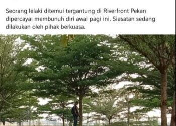 SEORANG lelaki ditemukan tergantung di pokok di kawasan Riverfront di Pekan, Pahang. - FB