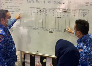 MOHD. Rosman Abdullah (kiri) diberi taklimat jumlah mangsa banjir di PPS  SK Tok Jembal, Kuala Nerus, Terengganu, semalam. - FOTO/TENGKU DANISH BAHRI TENGKU YUSOFF