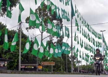 BENDERA parti Pas yang dipasang oleh jenteranya kini kelihatan di Kampung Buluh Gading sempena kempen Pilihan Raya Umum ke-15 yang lalu. -UTUSAN/PUQTRA HAIRY