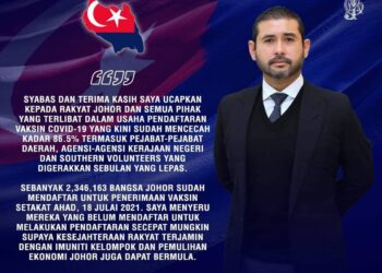 TUNKU Ismail Sultan Ibrahim mengucapkan tahniah kepada rakyat Johor yang mendaftar untuk menerima vaksin di negeri ini.