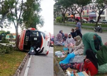 SEBAHAGIAN daripada 17 pelajar berkumpul di tepi selepas terlibat dalam kemalangan di Bandar Baru Nilai, Nilai, Seremban, pagi tadi. - FOTO/IHSAN BOMBA