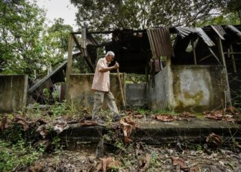PENDUDUK Ahmad Kasar Ismail berjalan di hadapan tinggalan rumah kuda miliknya yang usang di Kampung Melayu Bukit Tarek di Mukim Ulu Yam, Hulu Selangor. -UTUSAN/FARIZ RUSADIO