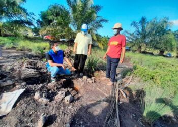 MUHAMMAD Syukri Ibrahim (kiri) bersama penduduk meninjau kesan tapak kaki gajah di kebun sawit di Kampung Air Papan, Mersing di sini. -UTUSAN/MASTURAH SURADI