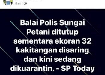 STATUS di Facebook yang mendakwa Balai Polis Sungai Petani ditutup kerana anggota polis diarah kuarantin selepas melakukan saringan Covid-19.