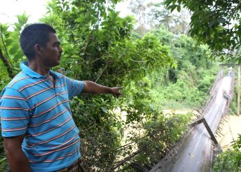 Seorang penduduk,Ishak Kassim menunjukkan jambatan kayu di Kampung Kuala Tekai, Kuala Nerang yang daif dan perlu diganti dengan jambatan baharu. - UTUSAN / SHAHIR NOORDIN