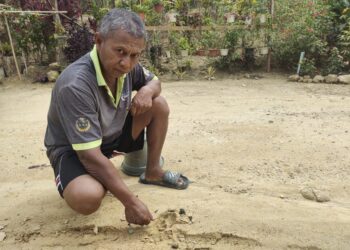 AMIN Kassim menunjukkan kesan tapak kaki dipercayai harimau kumbang dalam kejadian terbaharu anjing peliharaannya dibaham haiwan liar itu di Kampung Orang Asli Kalang Meranti, Kuala Pilah. - UTUSAN/NOR AINNA HAMZAH