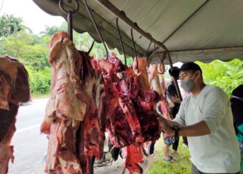 ISMAN Triman menyediakan daging lembu untuk dibeli orang ramai ketika ditemui di Kampung Repah, Tampin hari ini. – UTUSAN/NOR AINNA HAMZAH