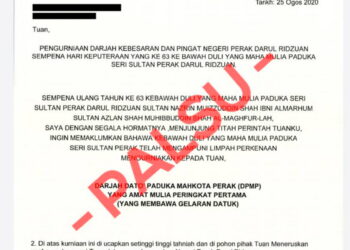 SURAT palsu tawaran penganugerahan darjah dan bintang kebesaran negeri Perak yang tular dalam media sosial.