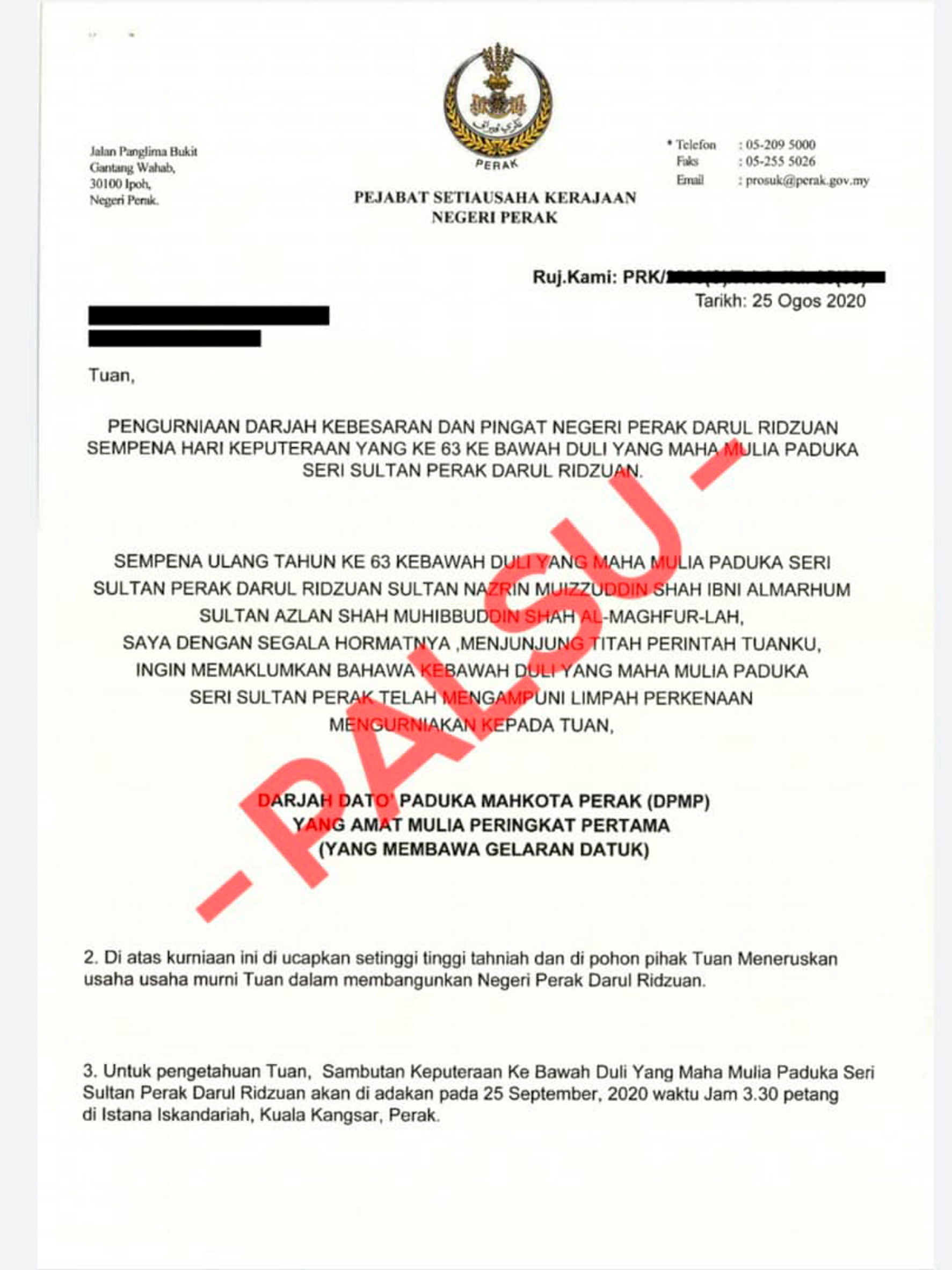 Surat tawaran anugerah darjah kebesaran Perak palsu ...