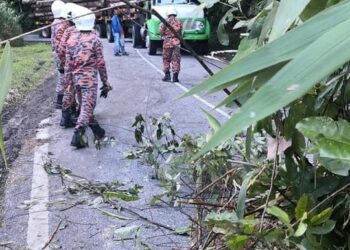 LALUAN di Jalan Gombak Lama menghala Genting Highlands ditutup bagi kerja-kerja pembersihan tanah runtuh di Gombak, Selangor. GAMBAR: IHSAN BOMBA