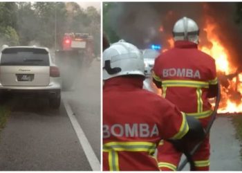 Sebuah kereta jenis Porsche musnah 70 peratus dalam kejadian kebakaran di Jalan Bukit Putus menghala Kuala Pilah petang tadi. - Gambar Ihsan  Bomba.