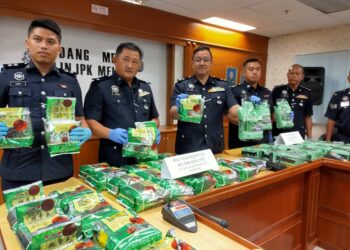 ZULKIFLEE Rashid (tengah) menunjukkan dadah dipercayai syabu yang disorokkan dalam bungkusan teh pada sidang akhbar di Ibu Pejabat Polis Kontinjen (IPK) Melaka, hari ini. UTUSAN/ RIZANIZAM ABDUL HAMID