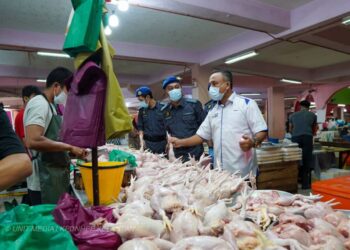 ADNAN Abd Rahman (kanan) bersama pegawainya meninjau harga ayam di Pasar Siti Khadijah, Kota Bharu, Kelantan. -IHSAN KPDNHEP