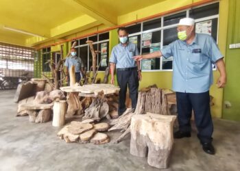 ABDUL Khalim Abu Samah (kanan) menunjukan hasil hutan yang dirampas dari salah satu premis yang menyimpan dan menjualnya tanpa dokumen sah di Jalan Pasir Mas-Rantau Panjang baru-baru ini. - UTUSAN/BAHRUDDIN HATTA