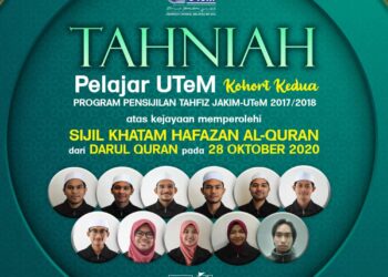 SERAMAI 11 mahasiswa UTeM memperolehi Sijil Khatam Hafazan al-Quran menerusi program Pensijilan Tahfiz Jakim-UTeM 2017/2018, baru-baru ini.