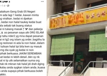TANGKAP layar hantaran tular di Facebook oleh seorang penghantar makanan yang memaklumkan terdapat sebuah restoran yang diragui status halalnya namun memaparkan pemakluman halal di aplikasi penghantaran makanan dalam talian. - MEDIA SOSIAL