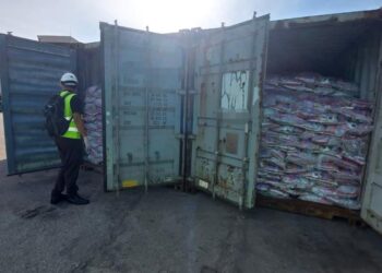 DUA kontena dagangan mengandungi pasir kucing yang didapati tidak mempunyai permit import sah, ditahan dalam satu pemeriksaan di Pelabuhan Kuantan di Kuantan, Pahang. - FOTO/IHSAN MAQIS