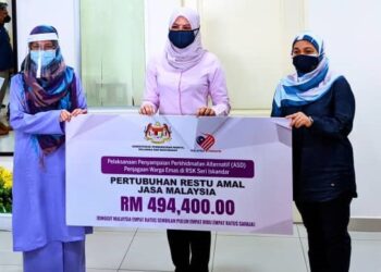 RINA Mohd. Harun (tengah) menyerahkan cek kepada wakil Pertubuhan Restu Amal Jasa Malaysia di Rumah Seri Kenangan Seri Iskandar dekat Parit hari ini. - UTUSAN//MOHAMAD HAFIZI MOHD. SAID