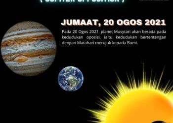 MUSYTARI akan nampak kelihatan lebih terang ketika fenomena oposisi yang lazim berlaku setiap 13 bulan. – IHSAN MYSA